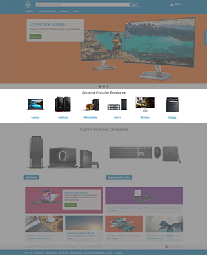 Row of category tiles on Dell homepage